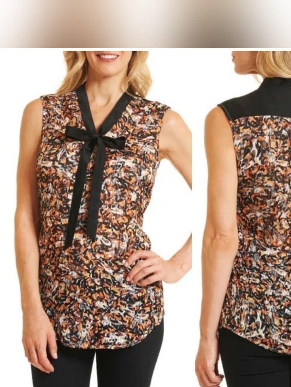 Robert Graham Lulu Floral Silk Blend Blouse Size M Sleeveless Orange Black White